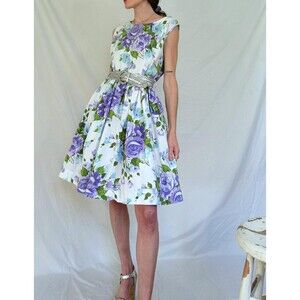 1950s Fit and Flare Floral Cotton Swing Dress: Petite Vintage Dress, Womens L/XL